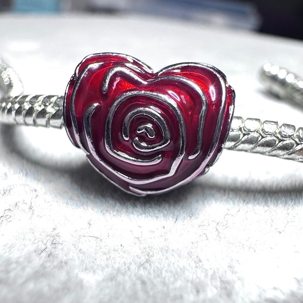 Heart Rose Charm Bead Red Enamel Silver Tone fits Pandora - Picture 4 of 11